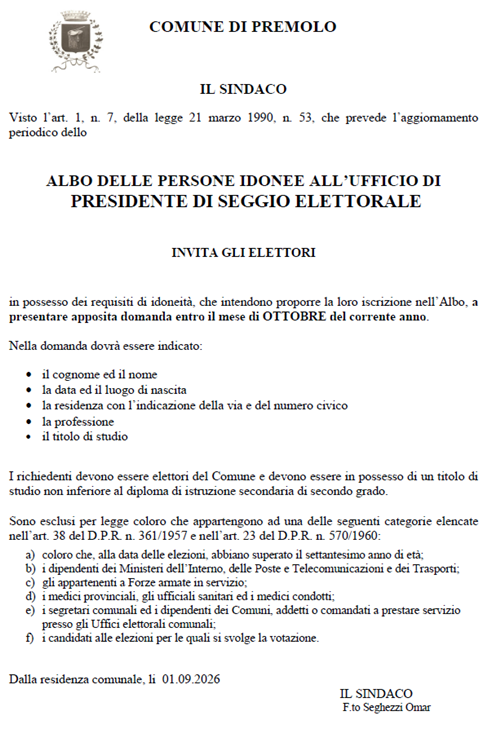 Albo delle persone idonee all'ufficio di presidenti di seggio elettorale.