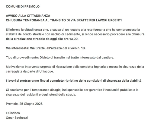 Avviso alla cittadinanza