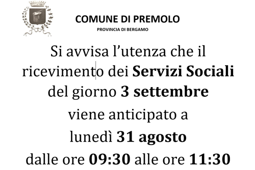 Variazione orario di ricevimento Servizi Sociali