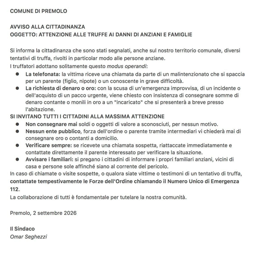 Avviso alla cittadinanza